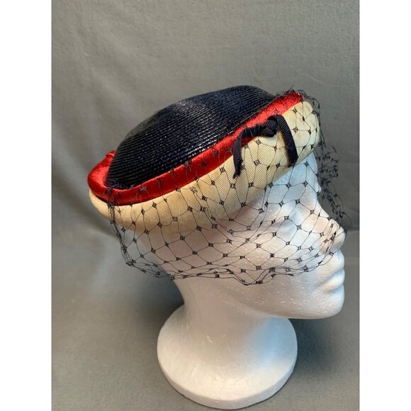 Vintage Navy & Cream Pillbox Hat With Red Trim & Black Veil Sz 22" - Picture 6 of 11